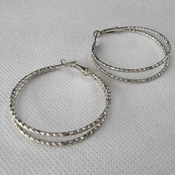 Twisted Double Hoop Earrings | Large Silver tone - Picture 2 of 5